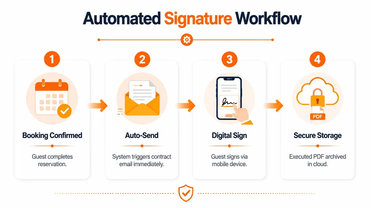 A four-step infographic illustrating an automated digital signature workflow for vacation rental property management and guest bookings.