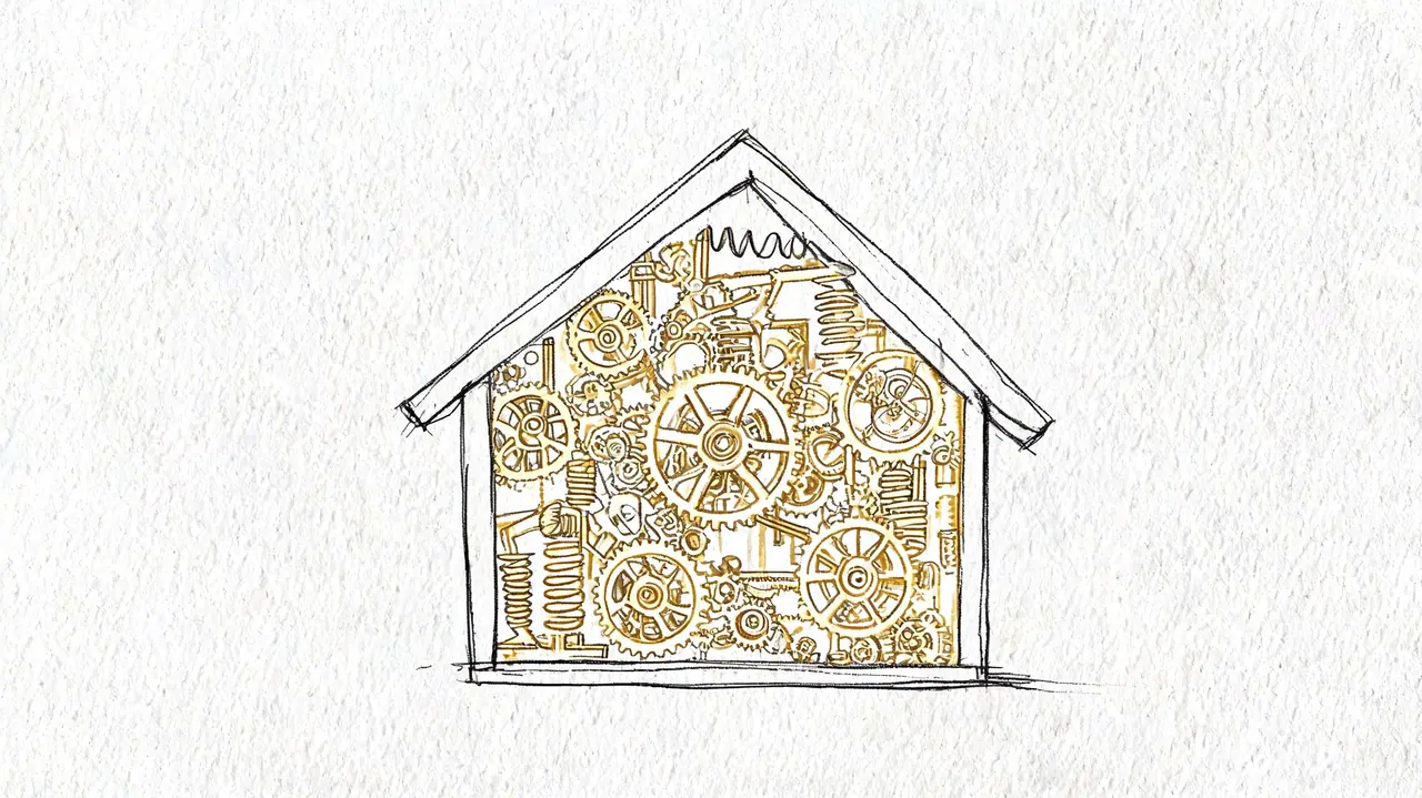 A hand-drawn sketch of a house outline filled with intricate gold-colored mechanical gears and springs.