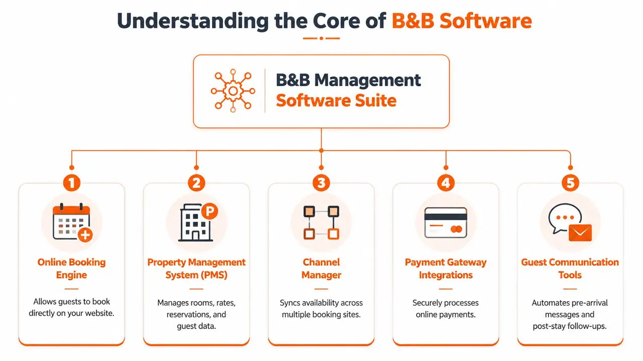 A diagram illustrating the core components of a B&B management software suite, including booking, PMS, and communications.