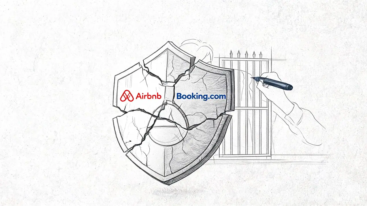 A pencil sketch of a cracked shield featuring Airbnb and Booking.com logos with a hand drawing a fence.