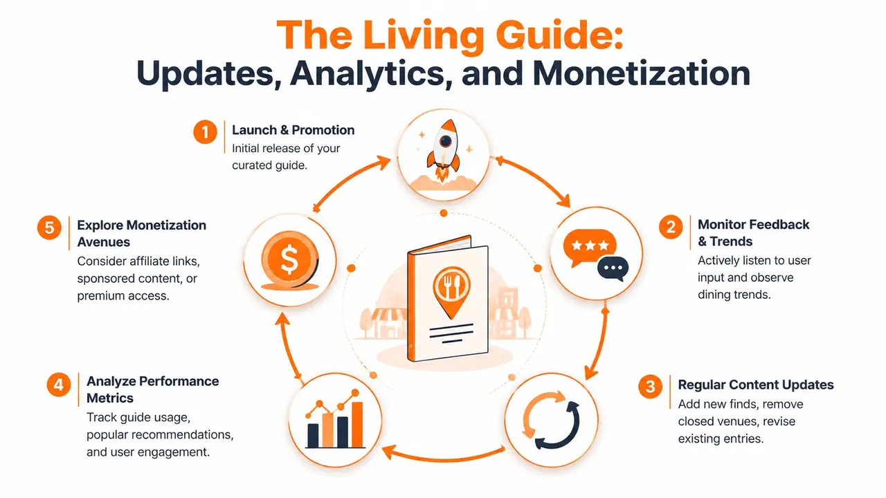 A circular infographic illustrating the five steps of maintaining and monetizing a living dining guide.