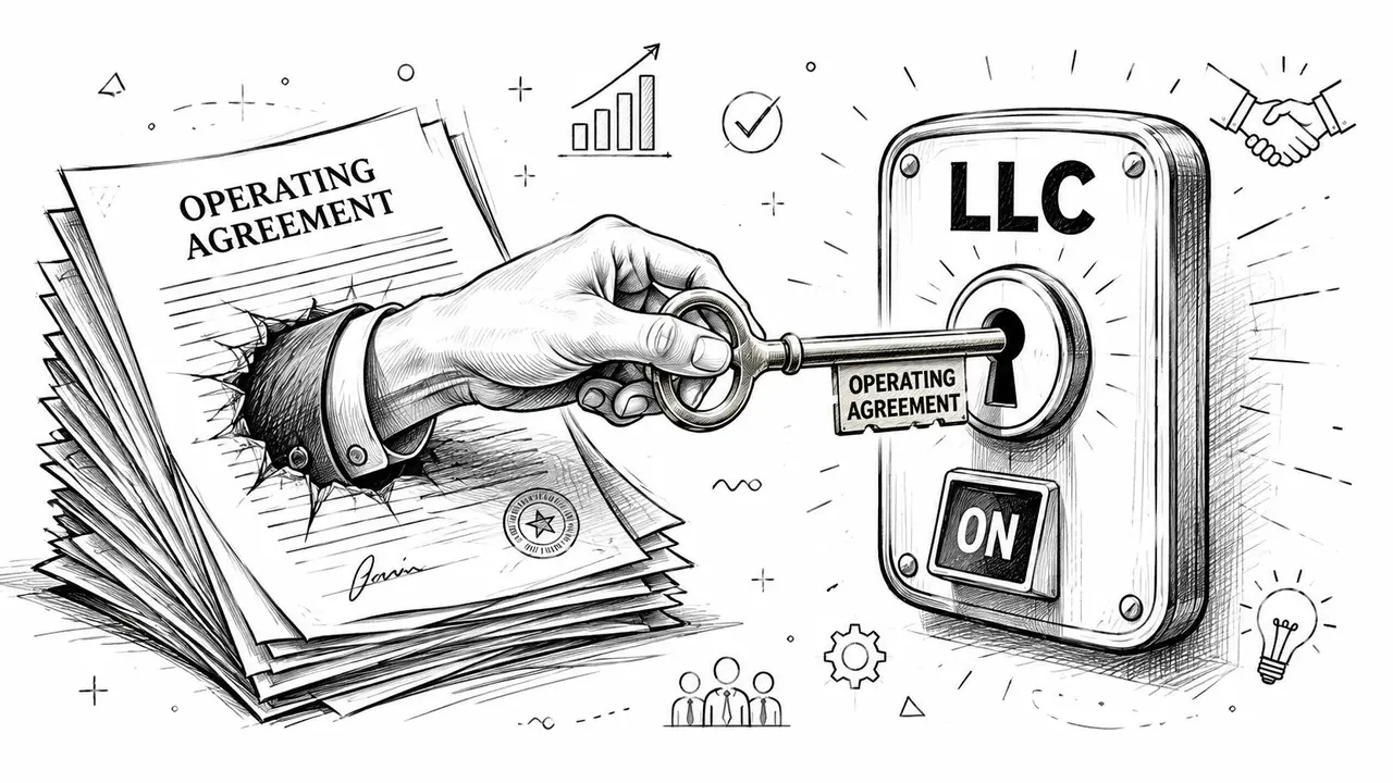 A conceptual illustration showing a hand holding an operating agreement key to unlock an LLC business lock.