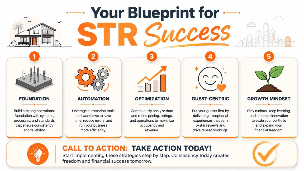 A five-step blueprint infographic for achieving success in the short-term rental property management business.