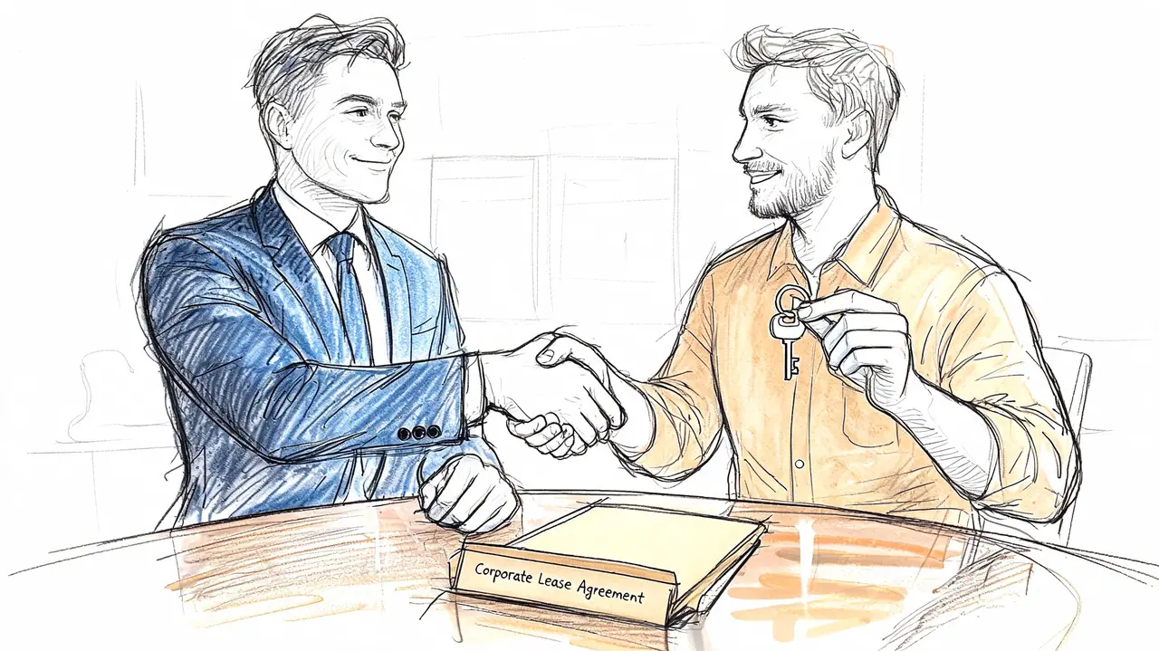 A professional man in a suit shaking hands with a man holding keys over a lease agreement.