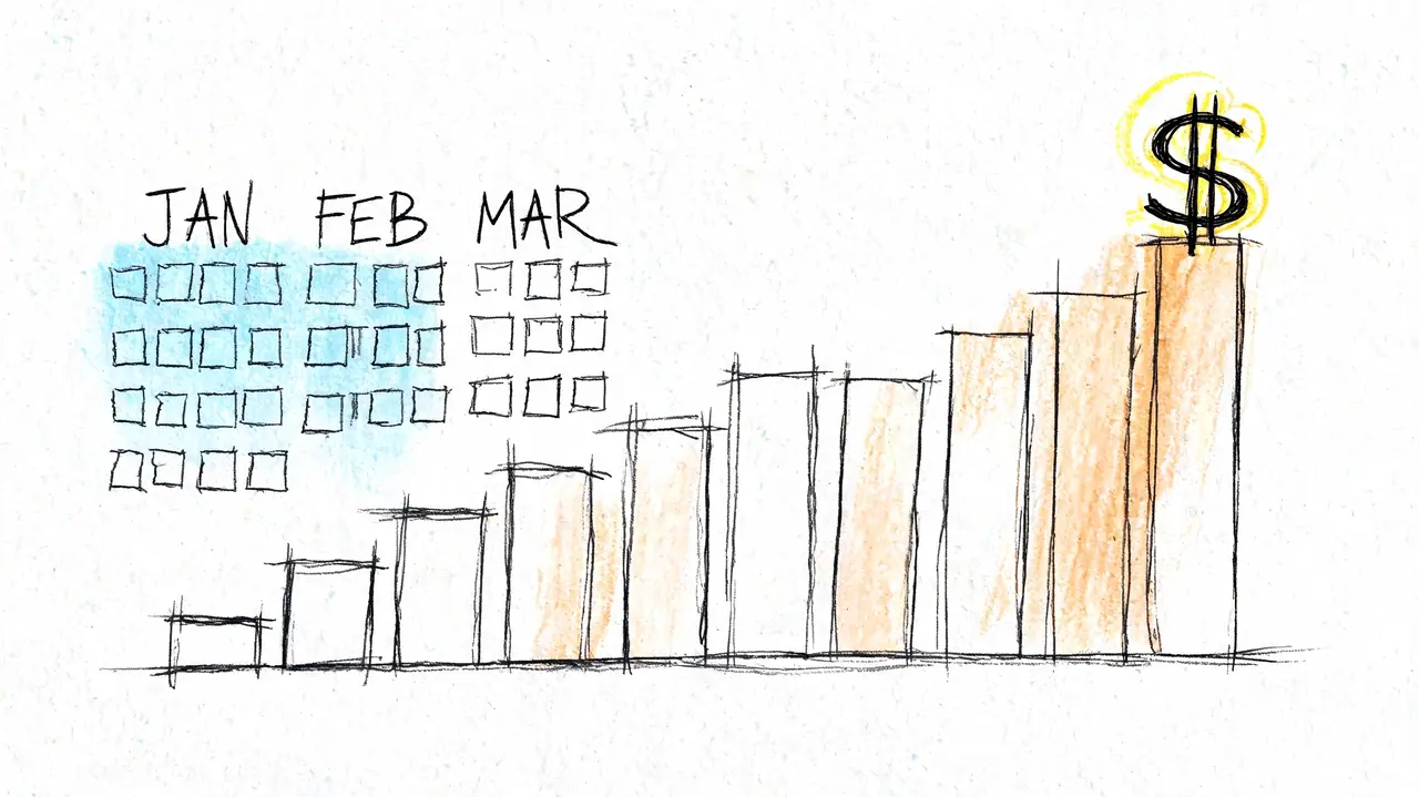 A hand-drawn sketch illustrating a financial bar graph with a dollar sign representing increasing profits over months.