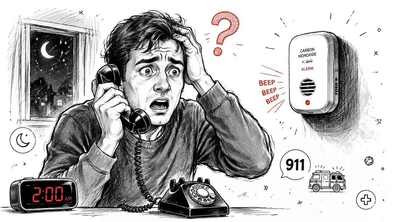 A distressed man calling 911 at 2 AM after his carbon monoxide detector alarm begins to sound.