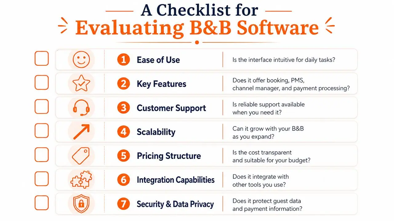 A checklist infographic for evaluating B&B software with seven key criteria for choosing property management systems.