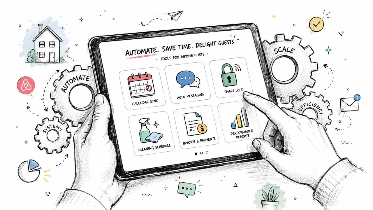 Una tableta digital que muestra herramientas de automatización para anfitriones de Airbnb con manos interactuando con la pantalla táctil.
