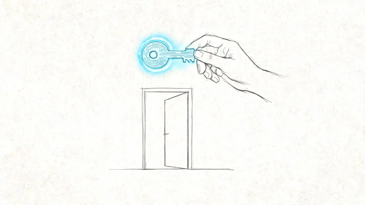 A hand-drawn sketch of a hand holding a glowing digital circuit key above an open door frame.