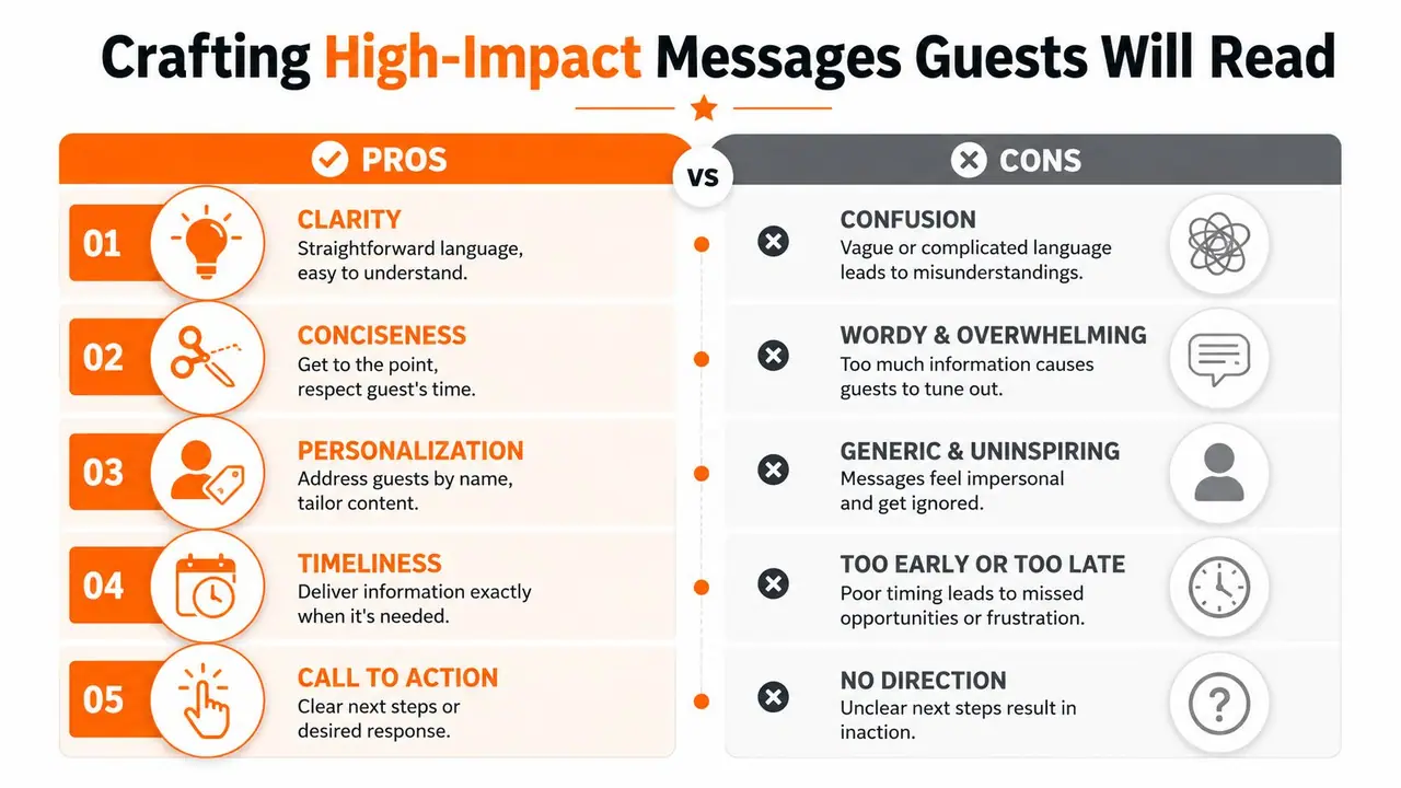 A comparison chart outlining five pros and five cons for creating effective guest communication messages.