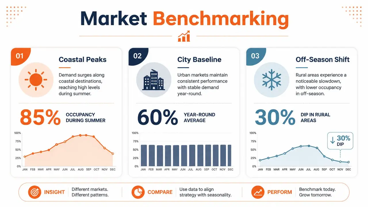Eine Infografik mit Markttrends zum Vergleich von Auslastungsraten in Küsten-, Stadt- und ländlichen Tourismusregionen.