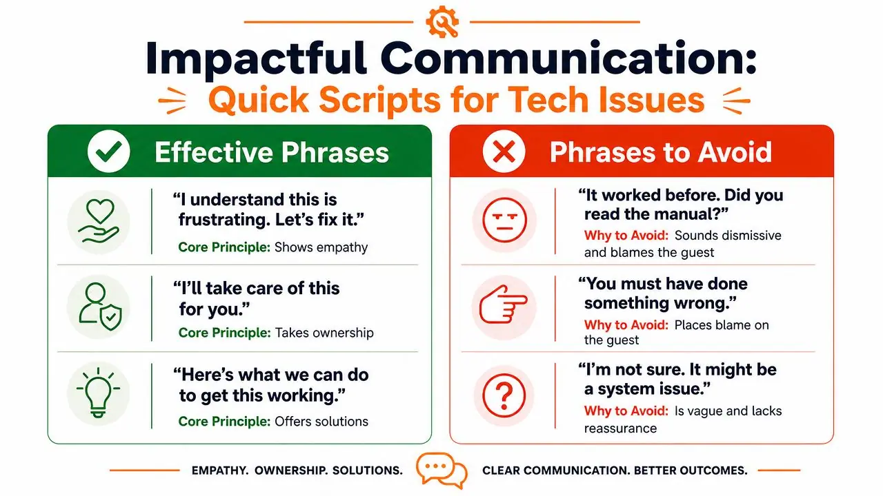 An infographic titled Impactful Communication showing effective phrases to use and phrases to avoid during technology troubleshooting.