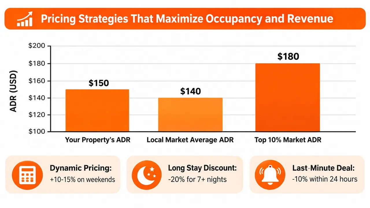 Bar chart comparing property ADR with local market averages alongside listed pricing strategy recommendations for hosts.