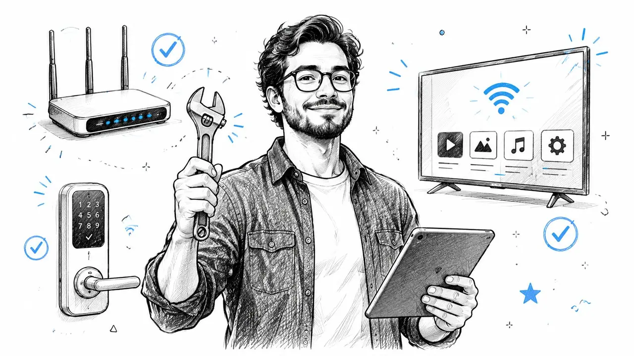 A technician holding a wrench and tablet surrounded by icons of a router, smart lock, and television.