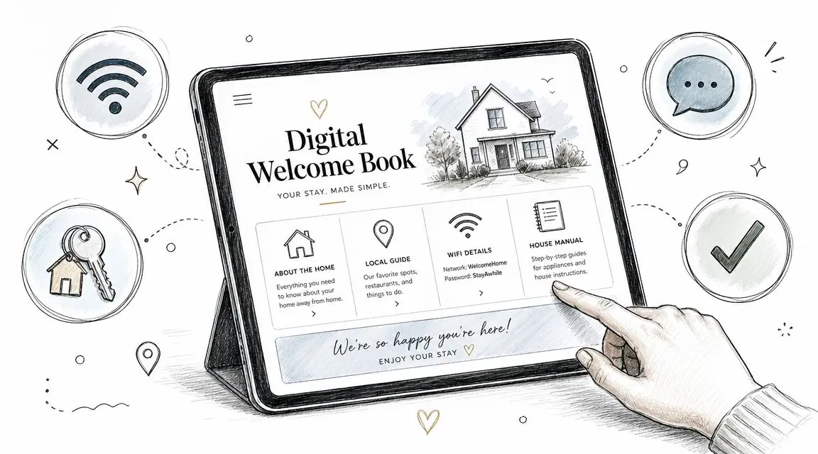 Ein Tablet-Bildschirm, der einen digitalen Willkommens-Guide für Gäste in einer Ferienunterkunft anzeigt.