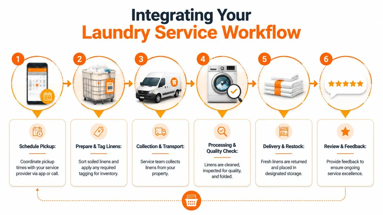 A 6-step infographic showing the professional laundry linen service workflow from scheduling to customer feedback.