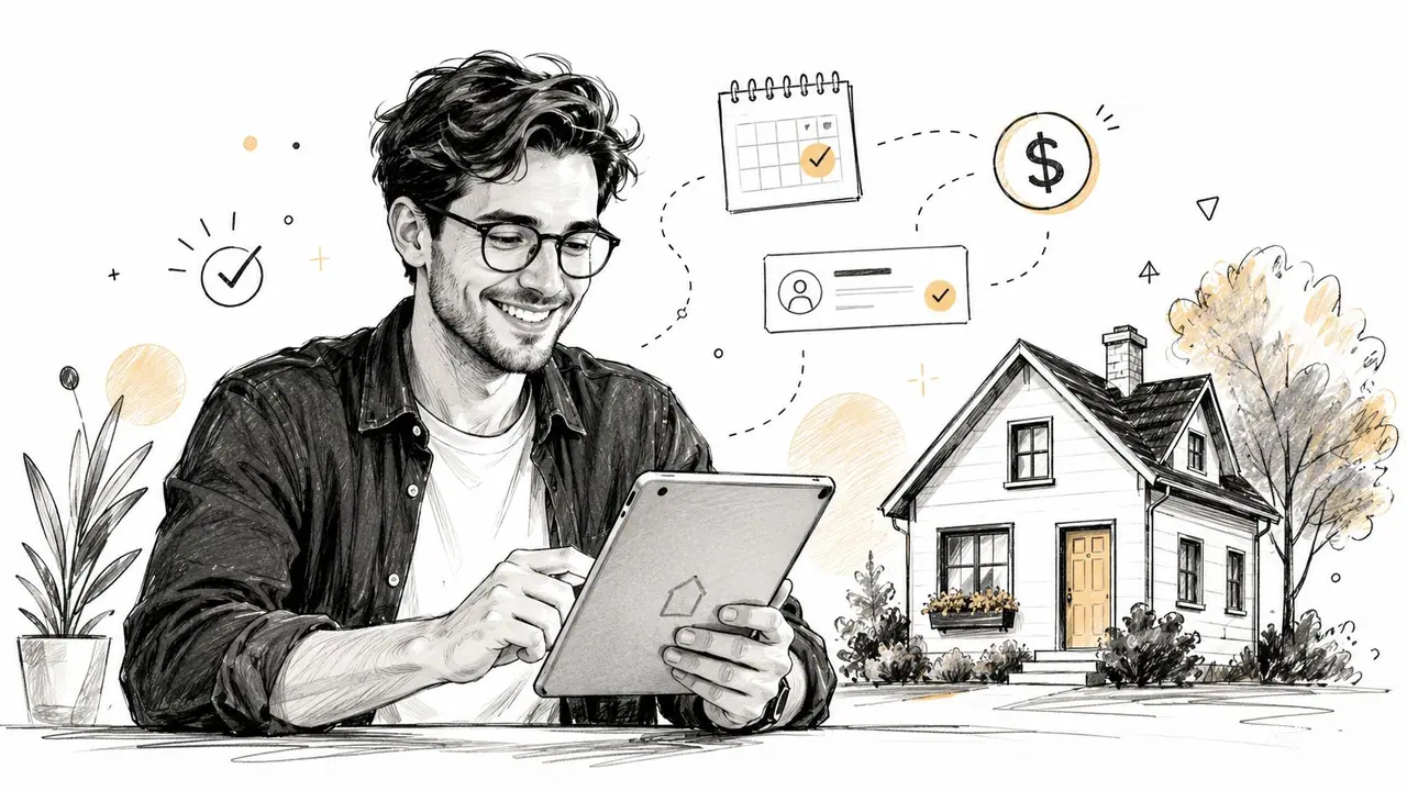 A happy man using a tablet to manage property and rental tasks with icons showing calendar and money.