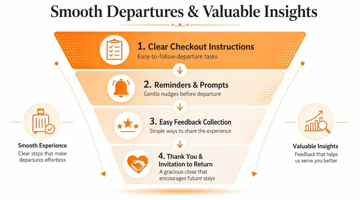 A funnel diagram illustrating a four-step process for ensuring smooth guest departures and collecting valuable feedback.