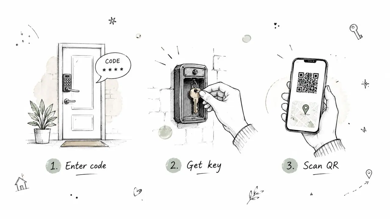 Eine Illustration, die drei Schritte für einen Self-Check-in zeigt: Code-Eingabe, Schlüsselentnahme und QR-Code-Scannen.
