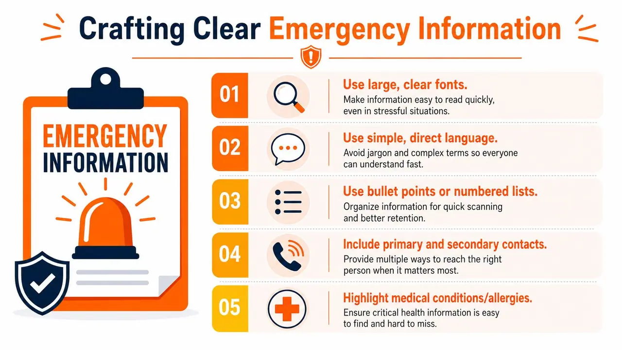 An infographic titled Crafting Clear Emergency Information showing five tips for creating effective and readable emergency instruction documents.