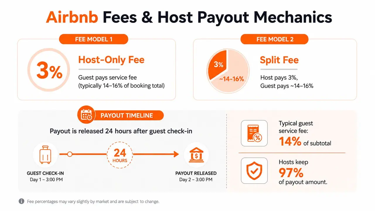 An infographic explaining Airbnb fee models, host payout timelines, and service fee percentages for rental property owners.