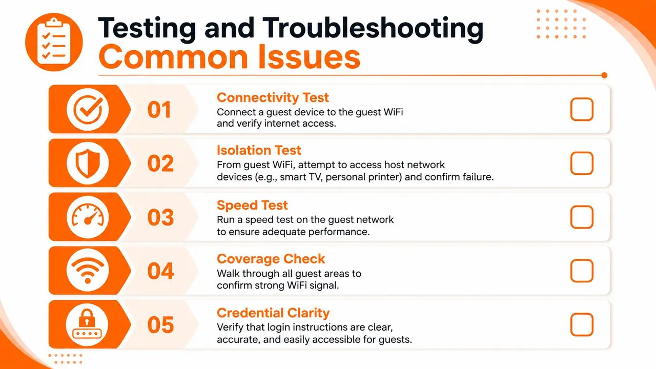 A checklist infographic titled Testing and Troubleshooting Common Issues for setting up and verifying guest WiFi networks.