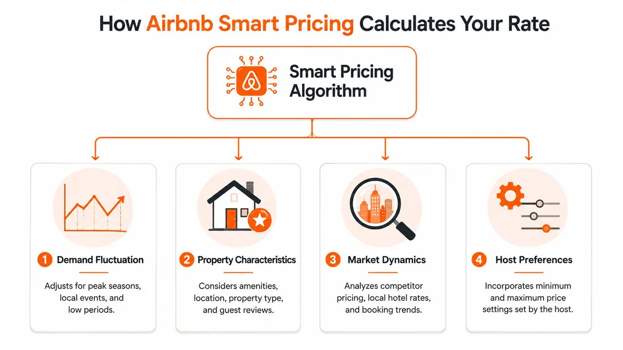 A diagram illustrating how the Airbnb Smart Pricing algorithm calculates rates based on four key factors.