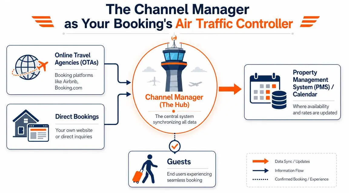 A diagram illustrating how a channel manager acts as a hub to synchronize booking and availability data.