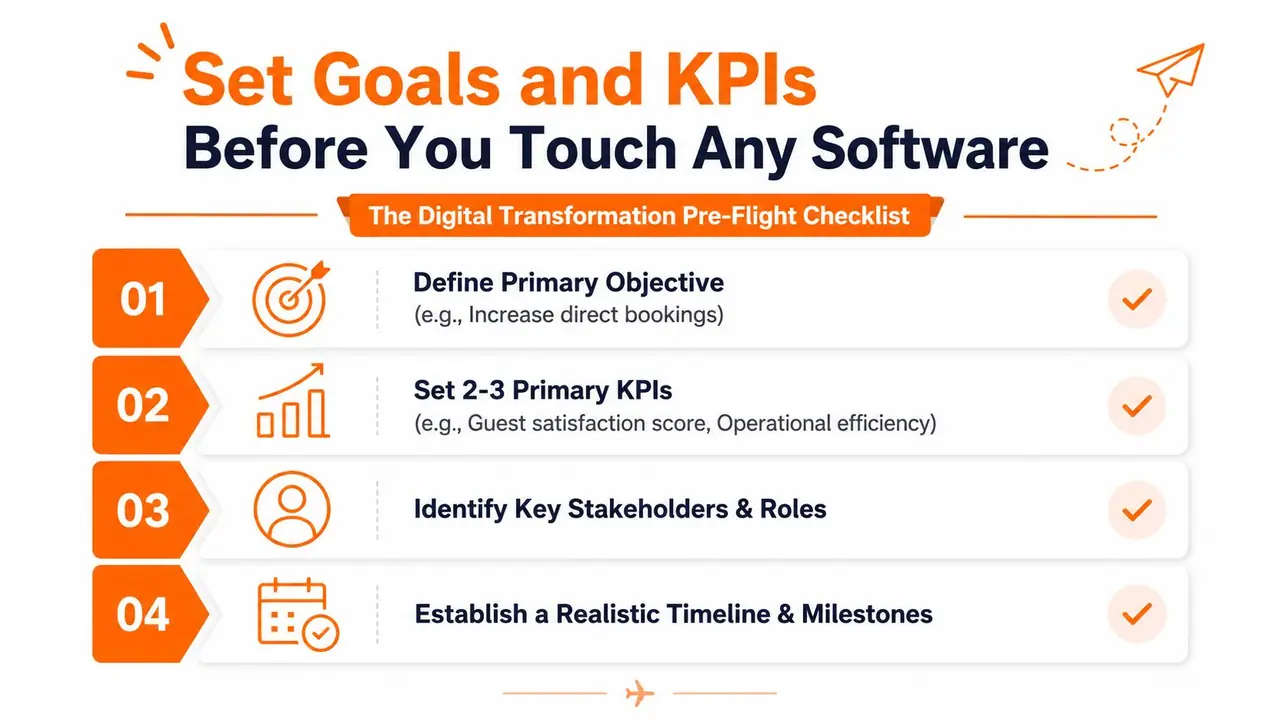 Infográfico de checklist pré-voo para transformação digital com quatro passos para definir objetivos e KPIs na hotelaria.