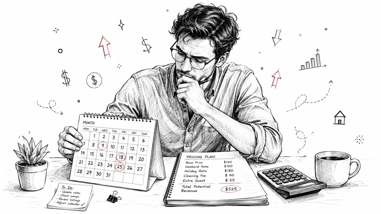 Un homme à lunettes analysant attentivement un calendrier et un plan tarifaire pour une propriété de location de courte durée.