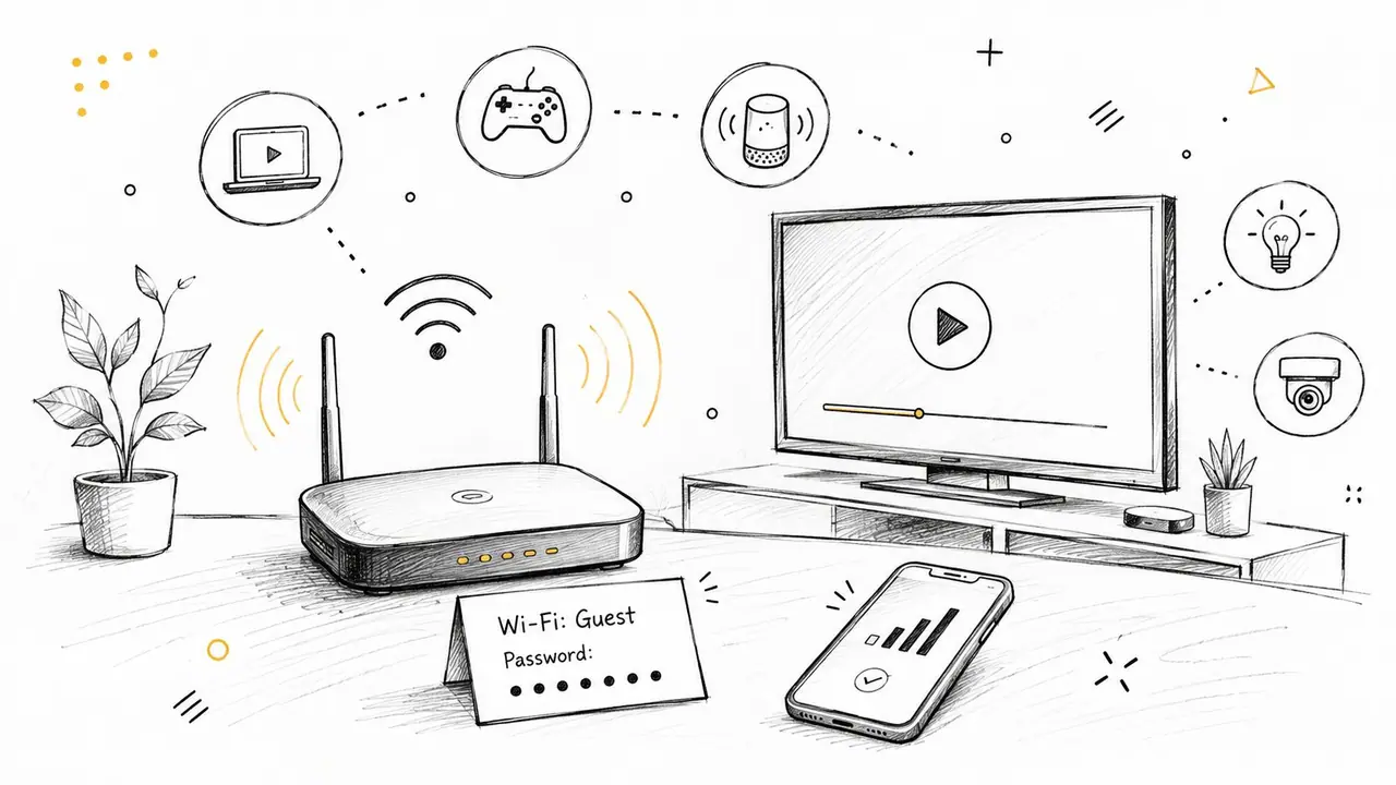 Ilustração desenhada à mão mostrando um router Wi-Fi doméstico com dispositivos inteligentes ligados e credenciais de rede de hóspedes.