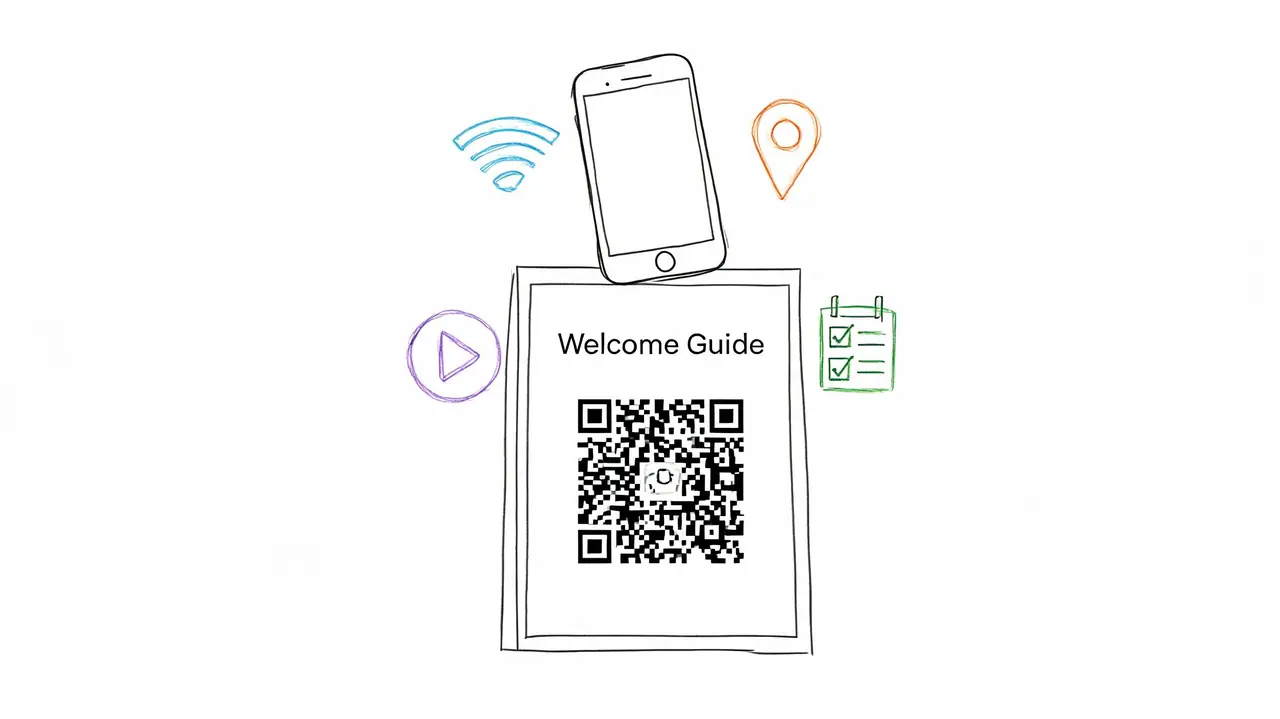 A hand-drawn illustration showing a smartphone hovering over a welcome guide with a prominent QR code icon.