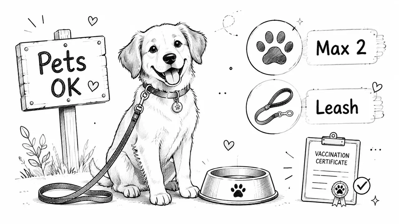A black and white line drawing of a happy puppy sitting beside pet-friendly house rules guidelines.