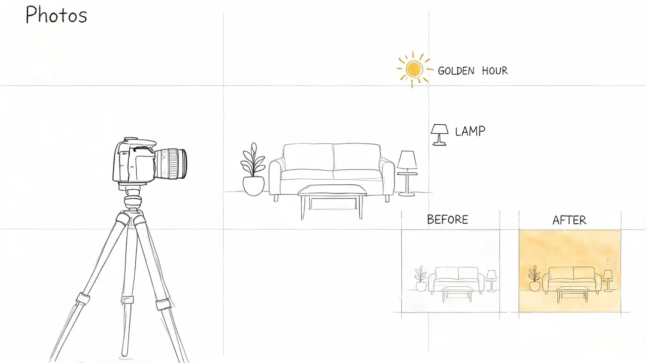 A line drawing illustration showing camera photography tips for Airbnb hosting, comparing before and after photo lighting.