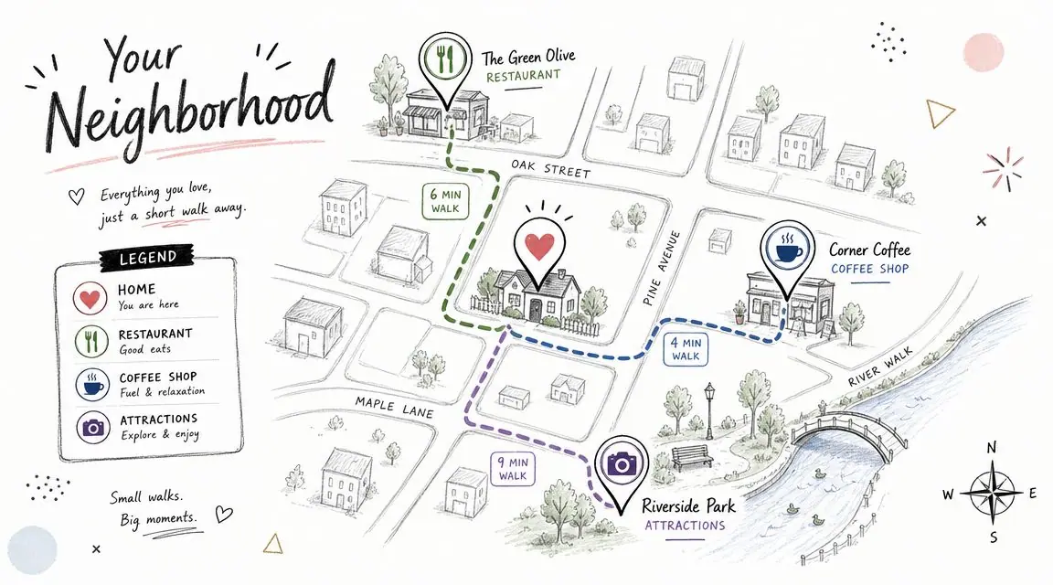 A hand-drawn neighborhood map showing walking distances from a home to a restaurant, coffee shop, and park.