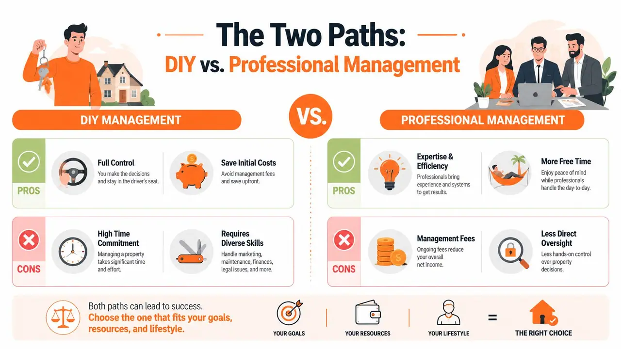 An infographic comparing the pros and cons of DIY versus professional vacation rental property management services.