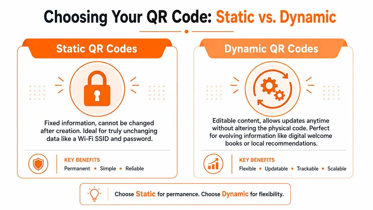 A comparison chart explaining the differences between static and dynamic QR codes for digital content management.