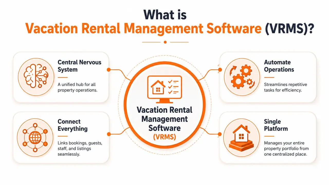 An infographic explaining the core features of Vacation Rental Management Software as a unified operational hub.
