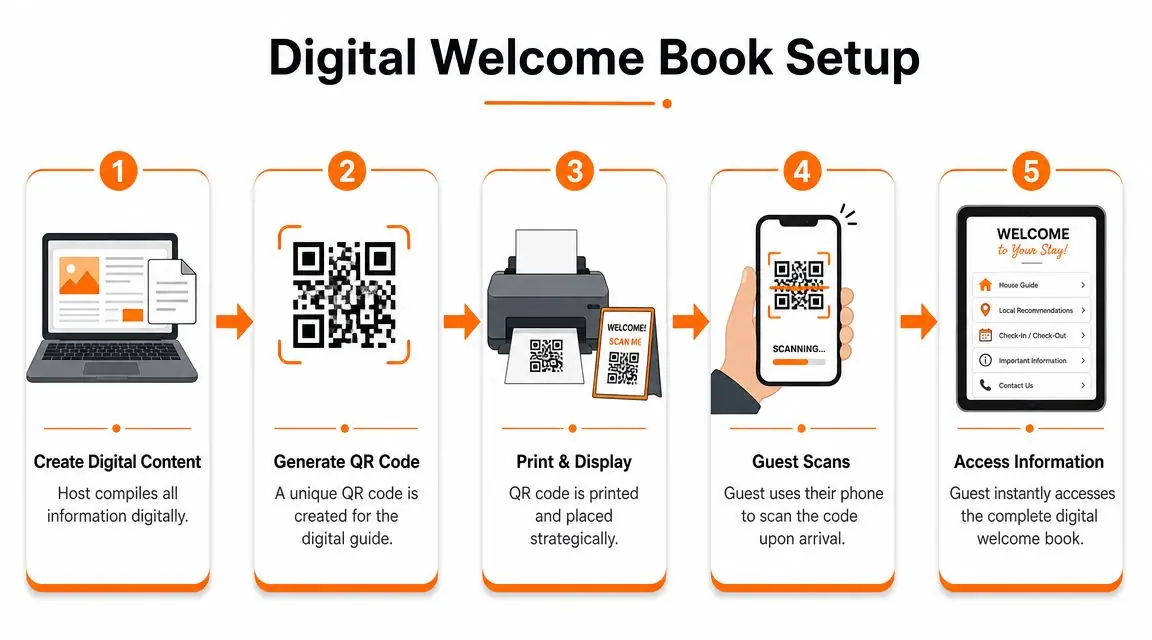 A five-step infographic showing how to set up a digital welcome book for guests in a vacation rental.