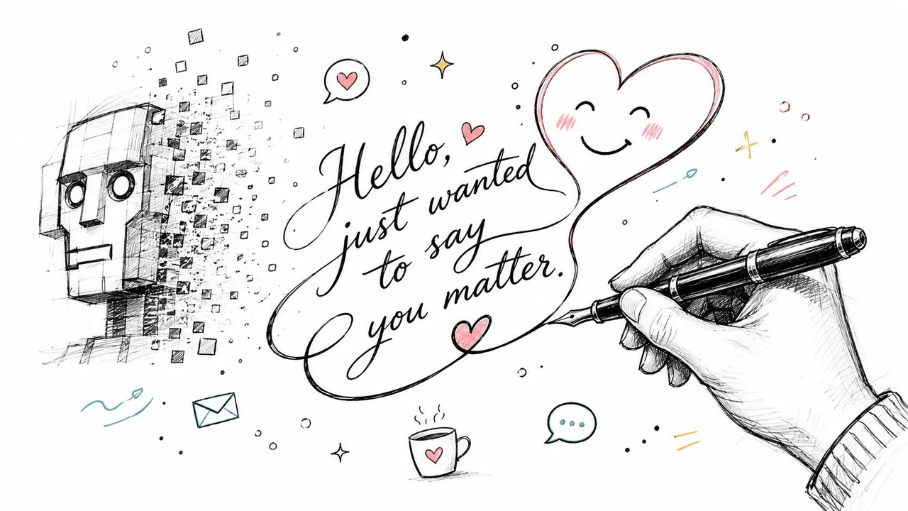 A hand drawing a heart-shaped face with a pen, next to a fading robotic head illustration.