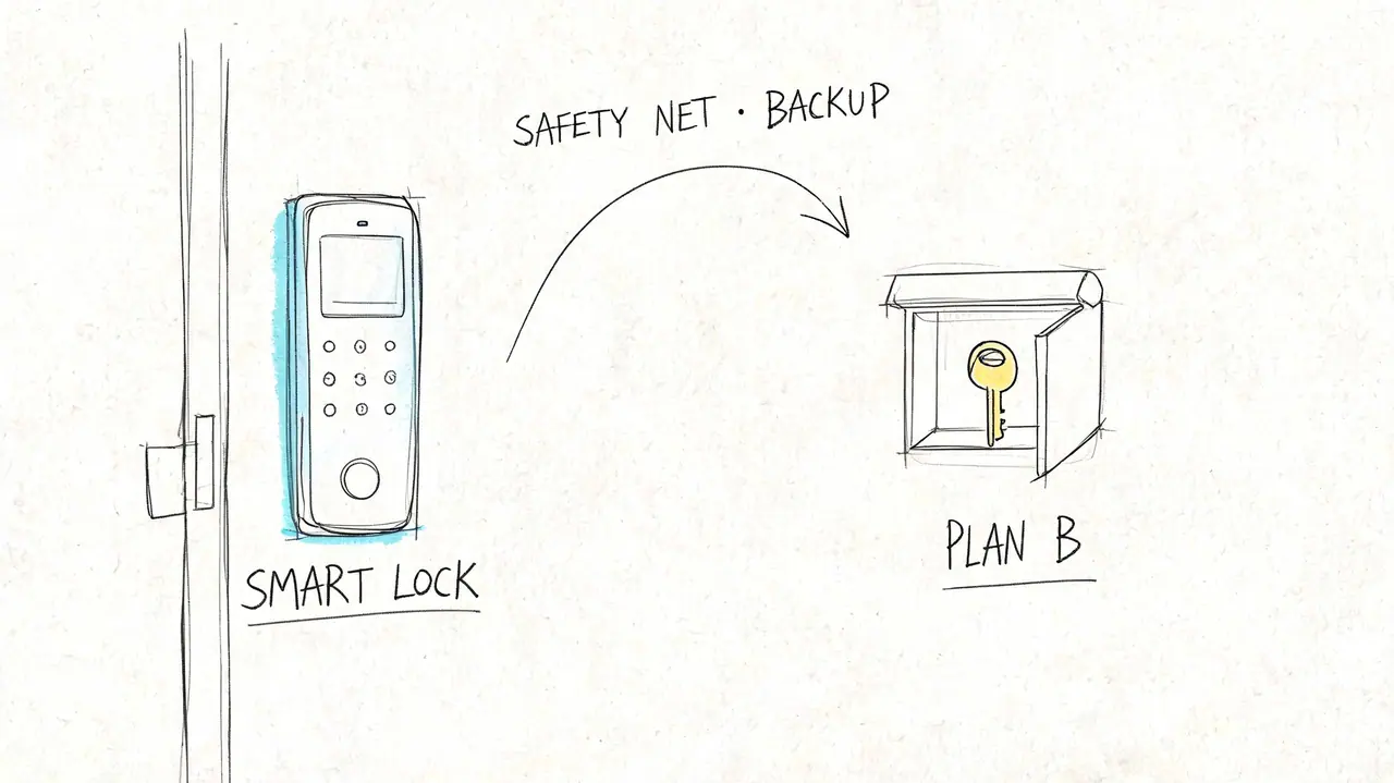 A conceptual hand-drawn sketch showing a smart lock and a backup key in a lockbox.