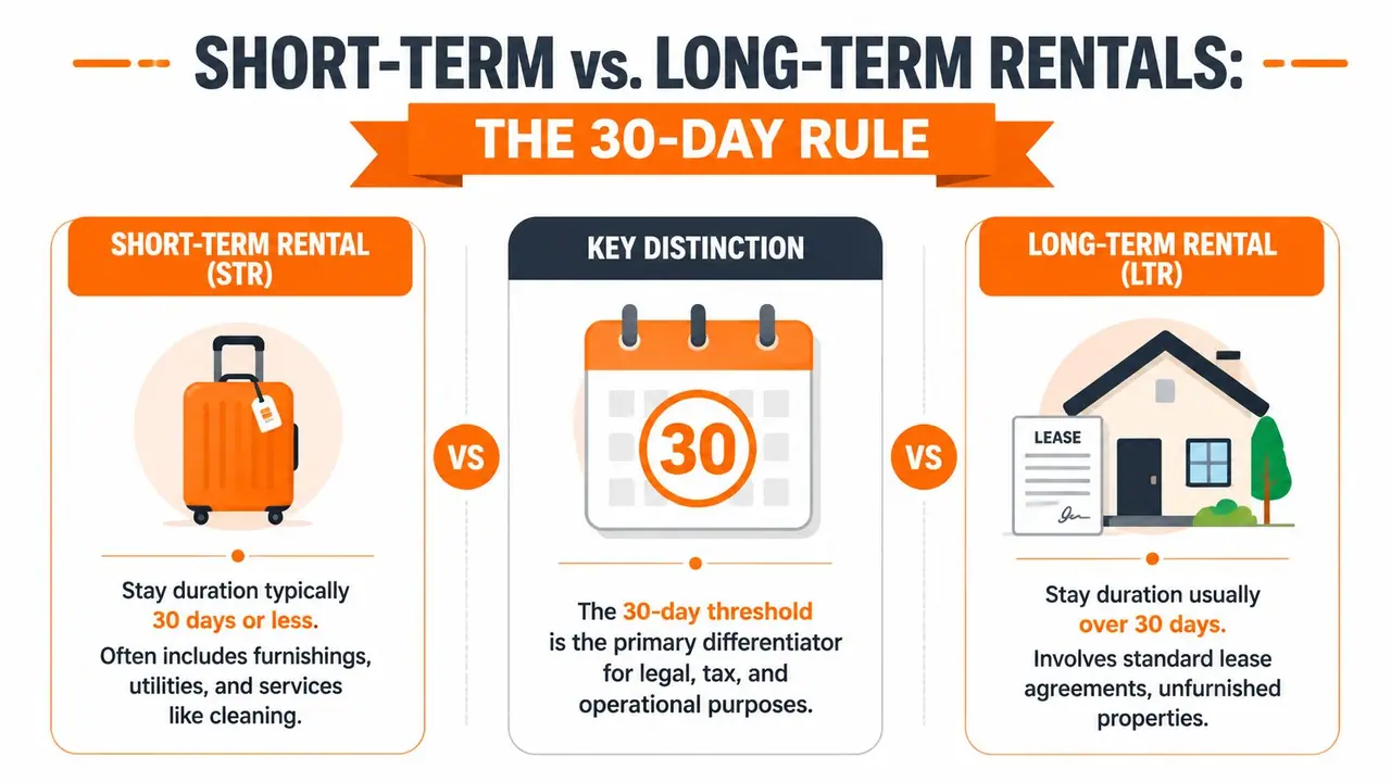 An infographic comparing short-term and long-term rental properties based on the 30-day lease threshold rule.