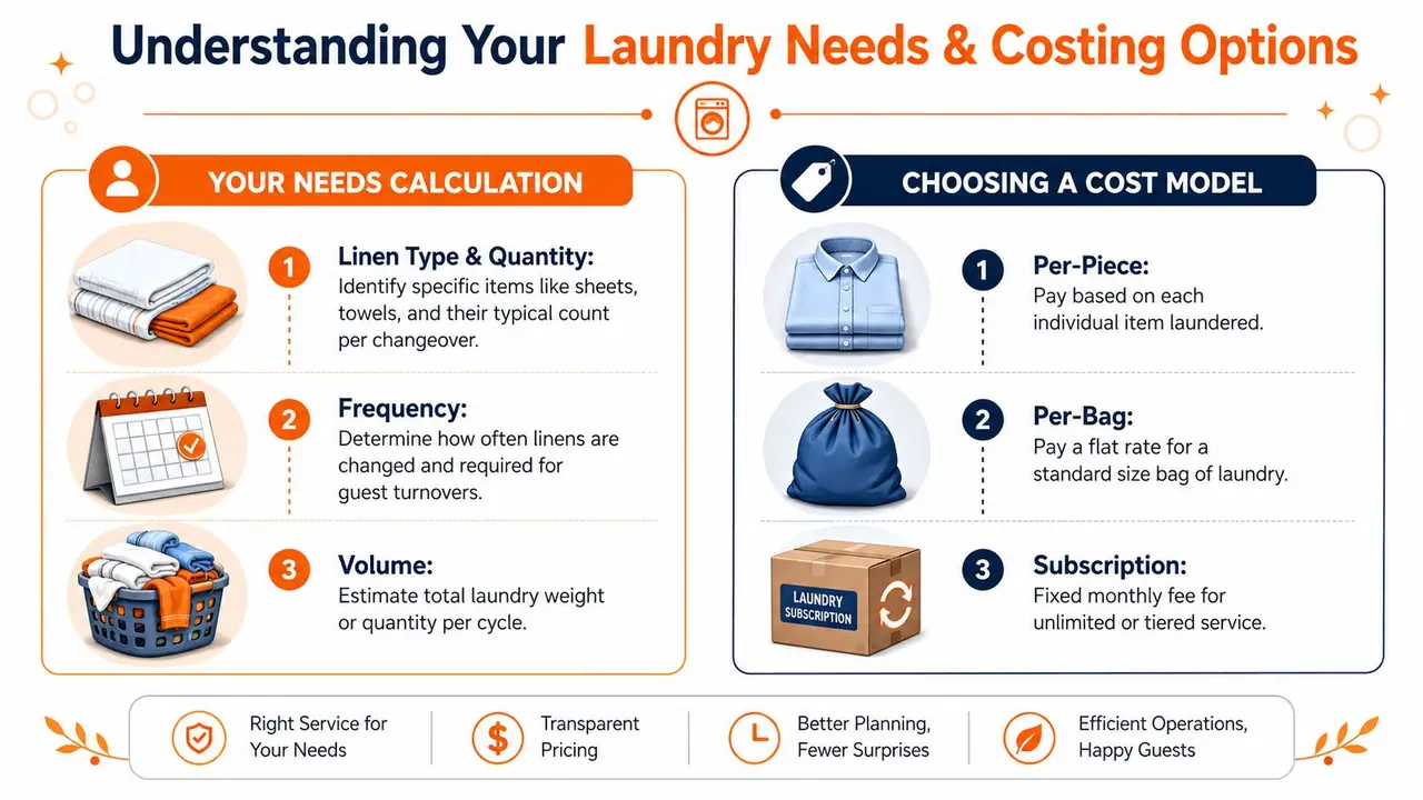 An infographic illustrating how to calculate laundry needs and choose the best pricing model for linen services.
