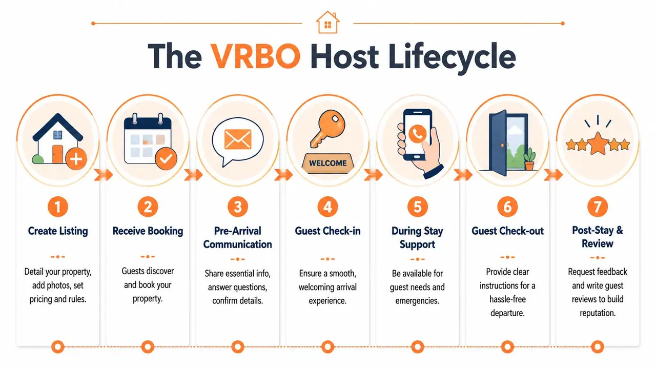 A visual guide illustrating the seven steps of the VRBO host lifecycle for managing a rental property.