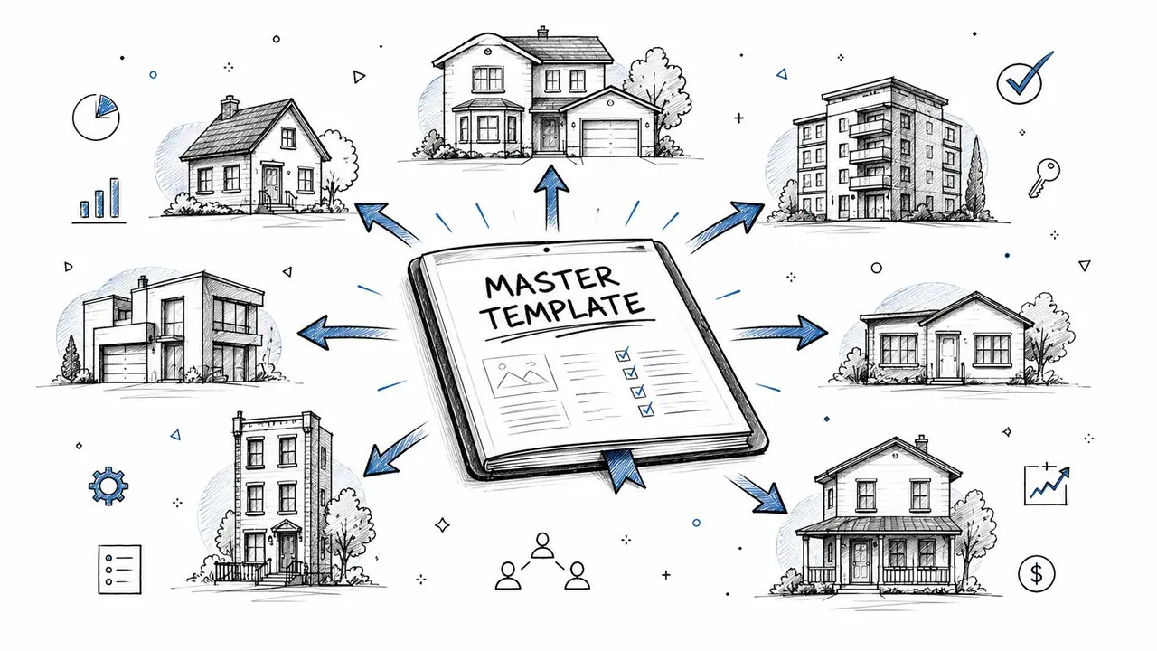 A conceptual illustration showing a central master template document connected to various types of residential buildings.