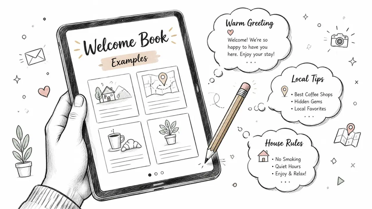 A hand holding a tablet displaying a welcome book template with icons and text for guests.