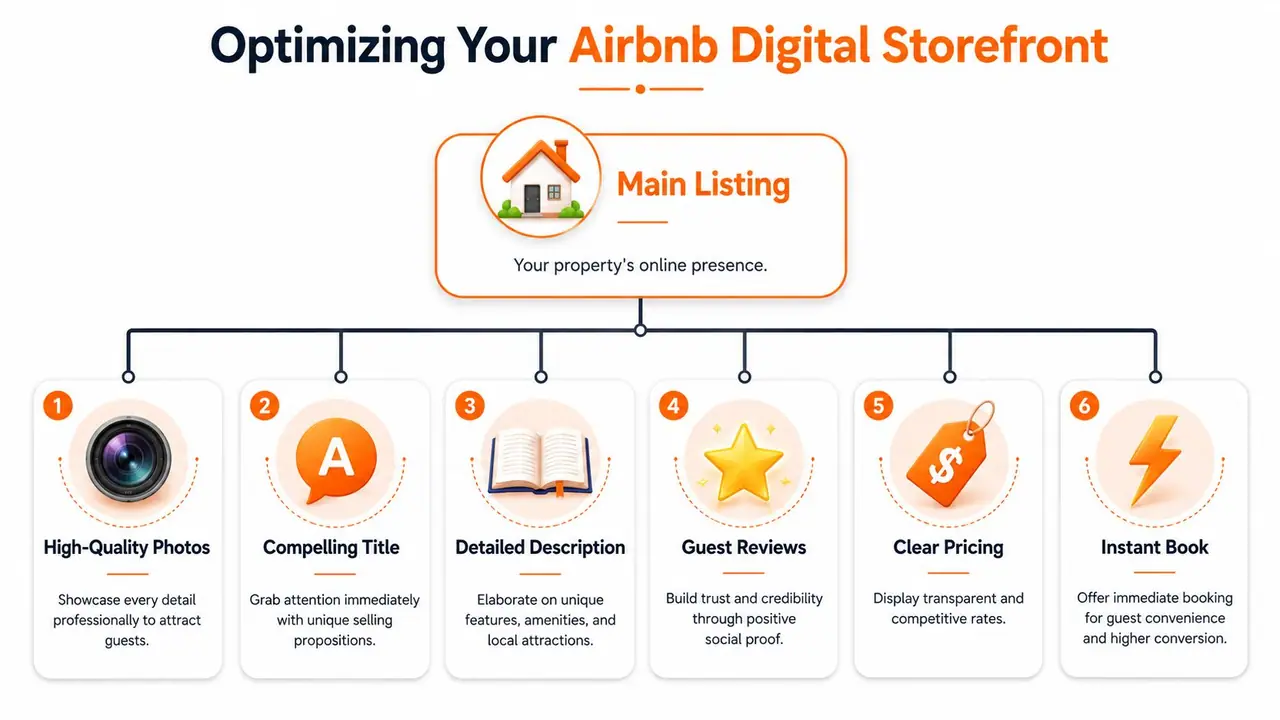 Un diagrama que resume seis pasos esenciales para optimizar un anuncio de Airbnb y aumentar las reservas de los huéspedes.