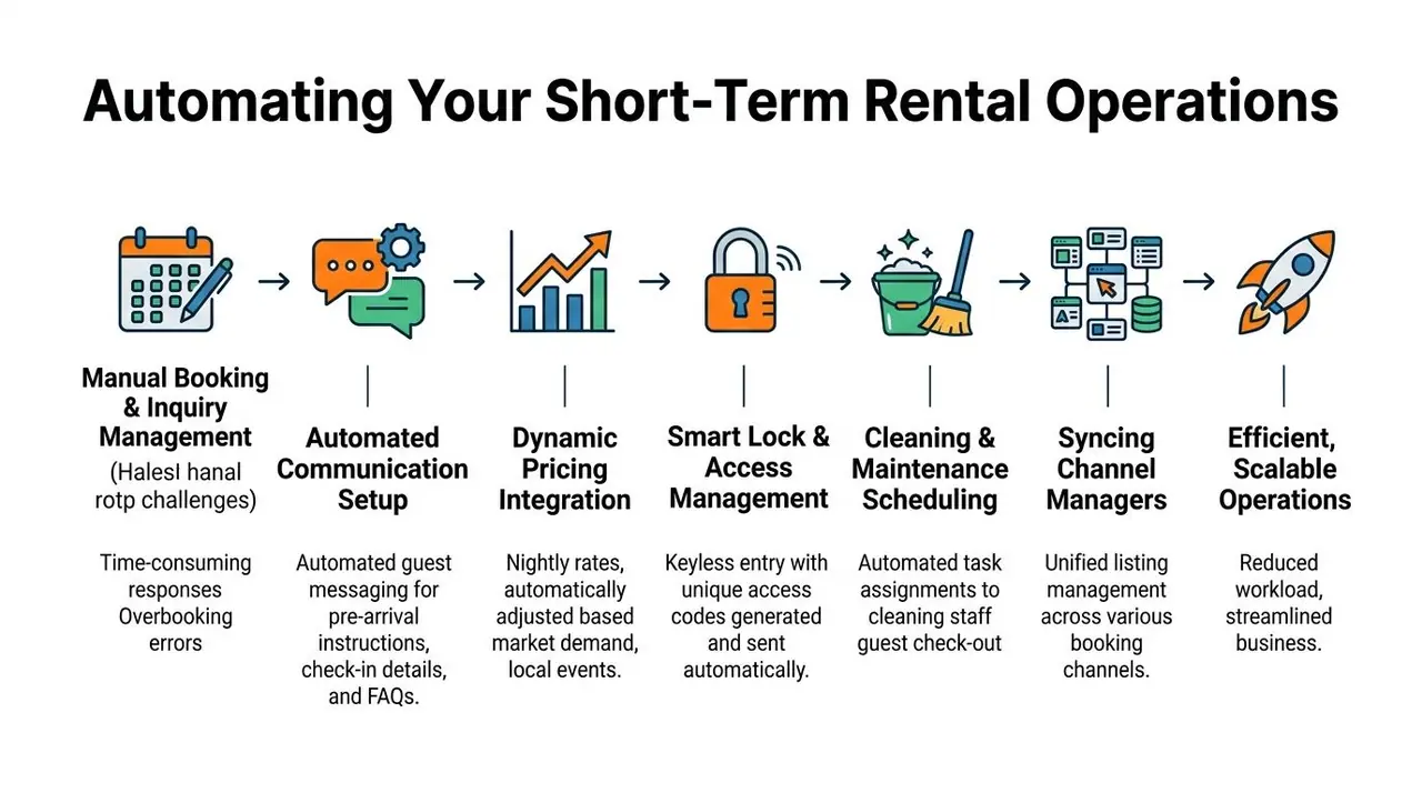 A diagram illustrating the automated steps for managing short-term rental operations to improve business efficiency.