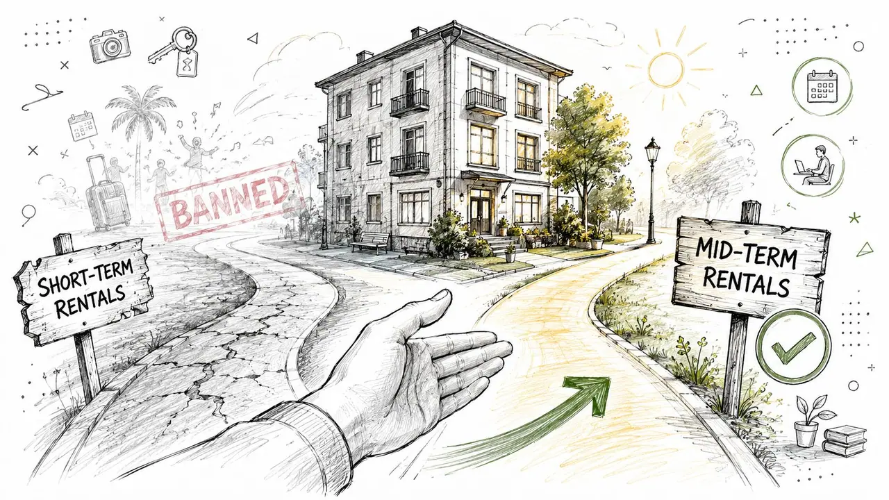 A hand guiding toward mid-term rentals as an alternative to short-term rentals which are marked as banned.