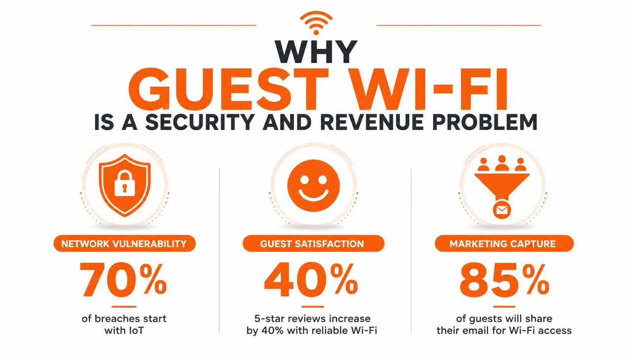 Un'infografica intitolata 'Perché il Wi-Fi ospiti è un problema di sicurezza e redditività' che mostra tre statistiche chiave.